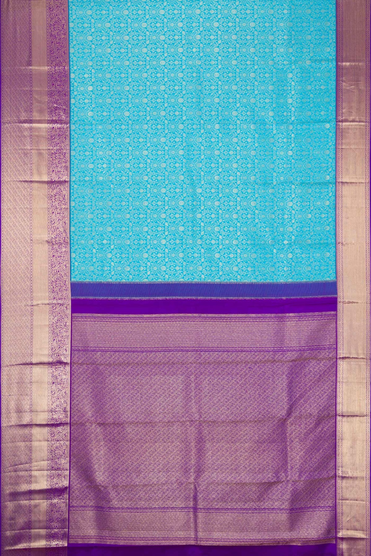 Flat view of Sky Blue Dual Tone Kanchipuram Silk Saree with Zari Brocade on the body and Fancy Border. 