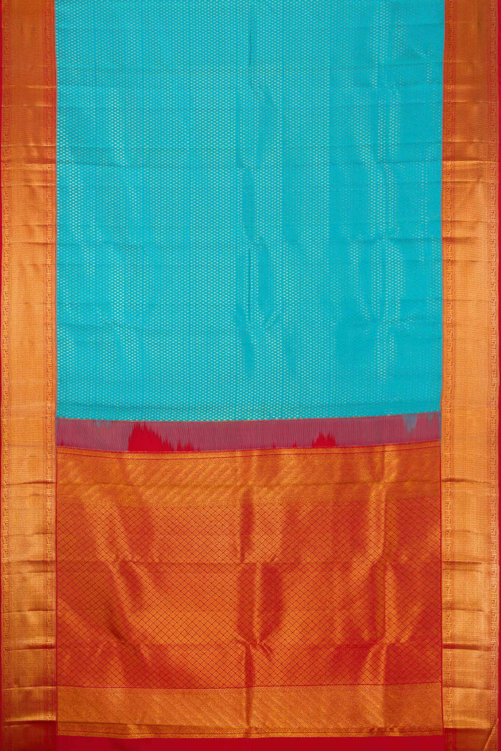 Flat view of Sky Blue Dual Tone Kanchipuram Silk Saree with Zari Brocade on the body and Zari Border. 