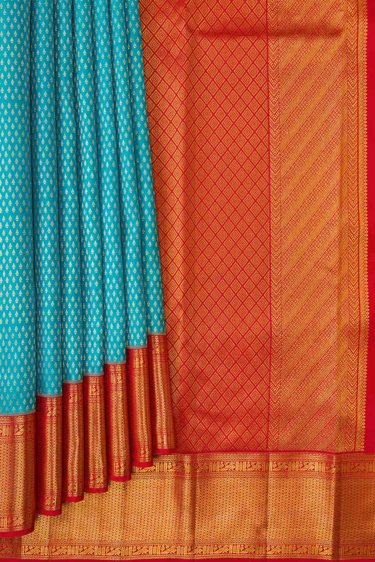 Pleats and pallu of Sky Blue Dual Tone Kanchipuram Silk Saree with Zari Brocade on the body and Zari Border. 