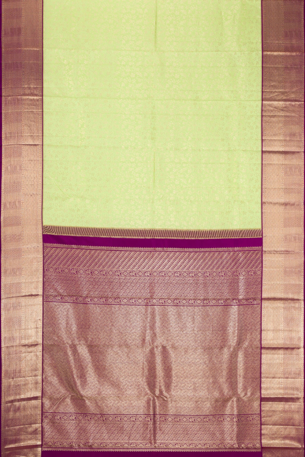 Flat view of Parrot Green Dual Tone Kanchipuram Silk Saree with Zari Brocade on the body and Zari Border. 