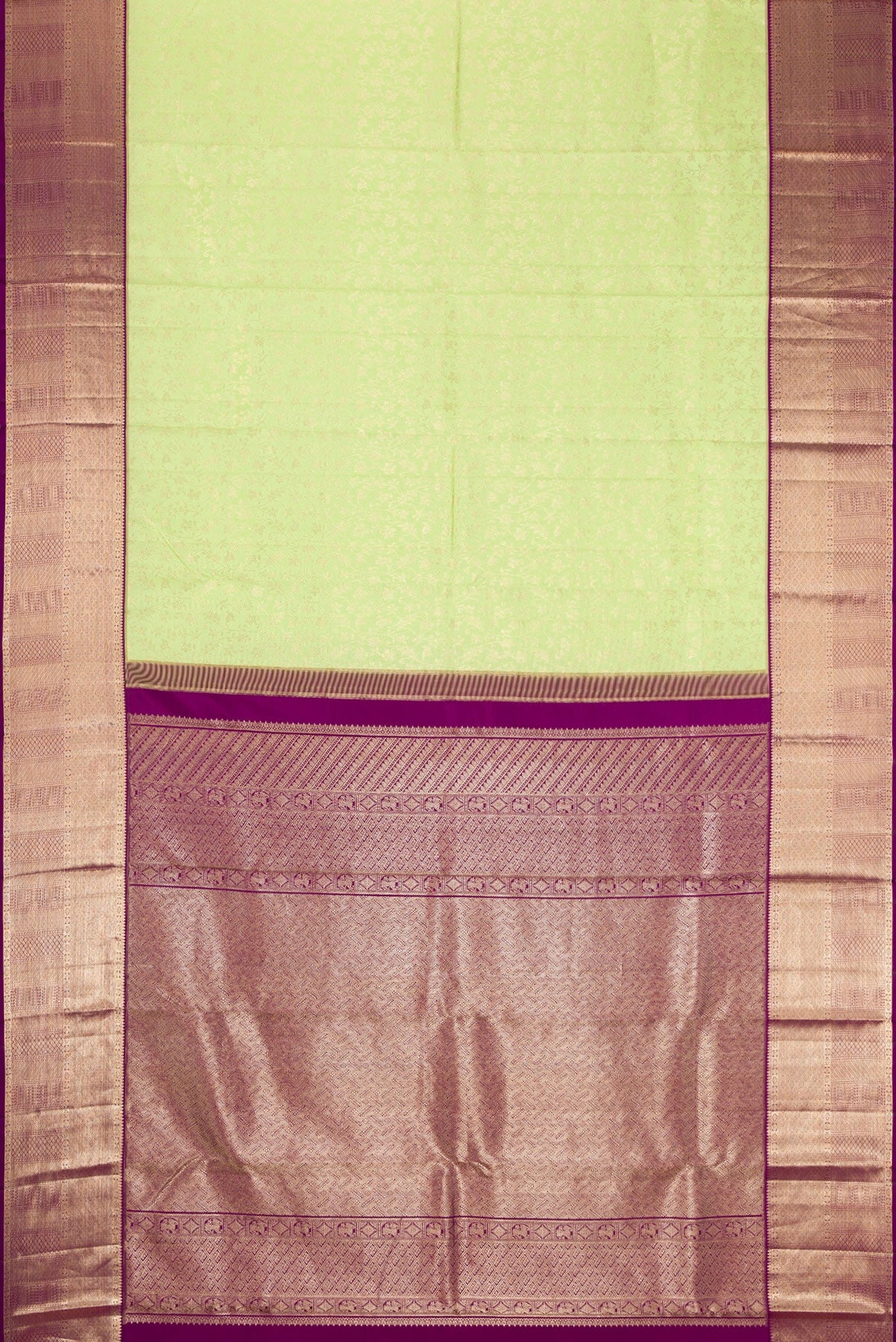 Flat view of Parrot Green Dual Tone Kanchipuram Silk Saree with Zari Brocade on the body and Zari Border. 