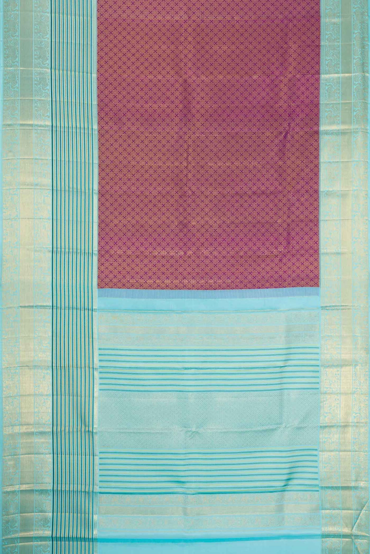 Flat view of Purple Dual Tone Kanjivaram Silk Saree with Zari Brocade on the body and Zari Border. 