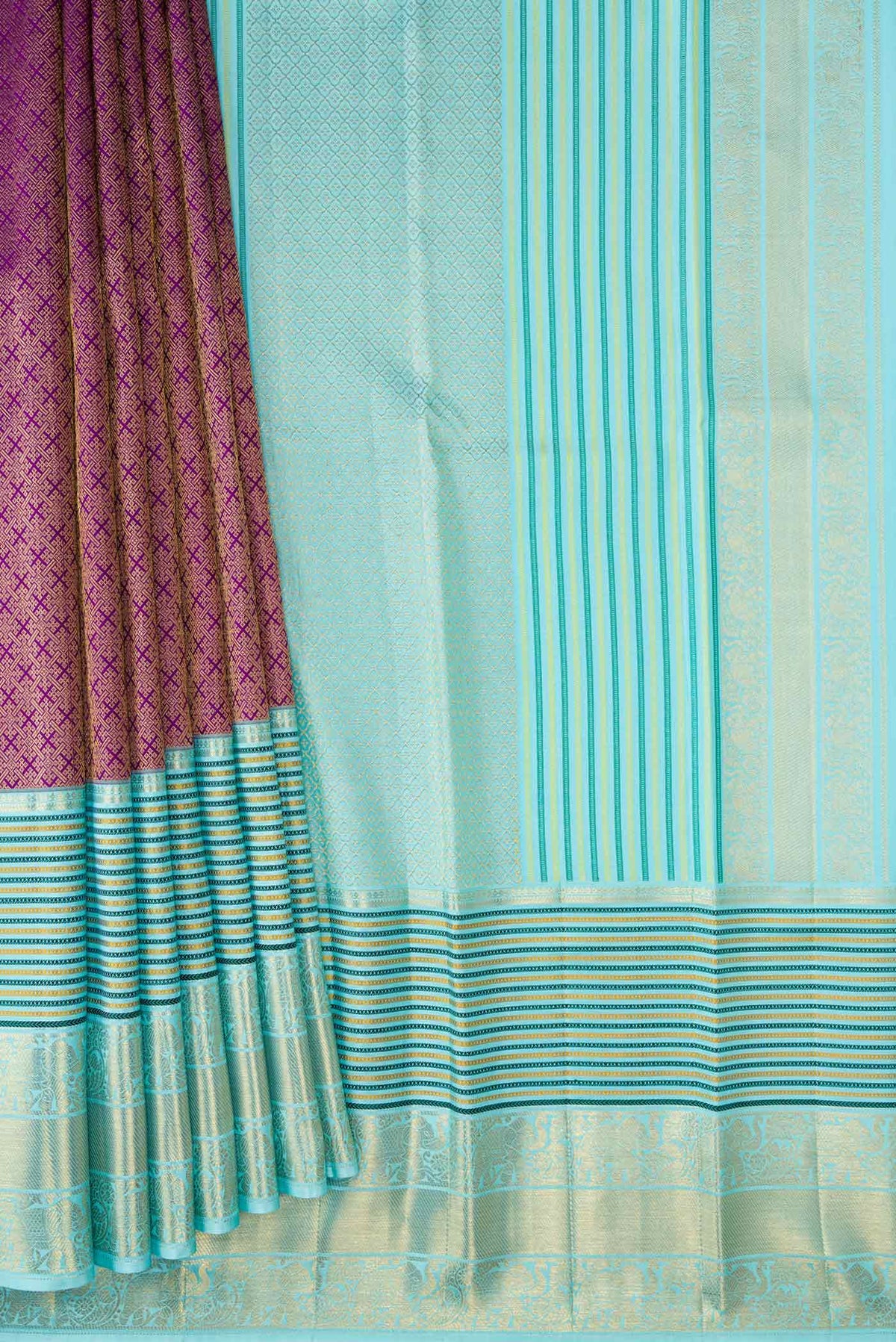 Pleats and pallu of Purple Dual Tone Kanjivaram Silk Saree with Zari Brocade on the body and Zari Border. 