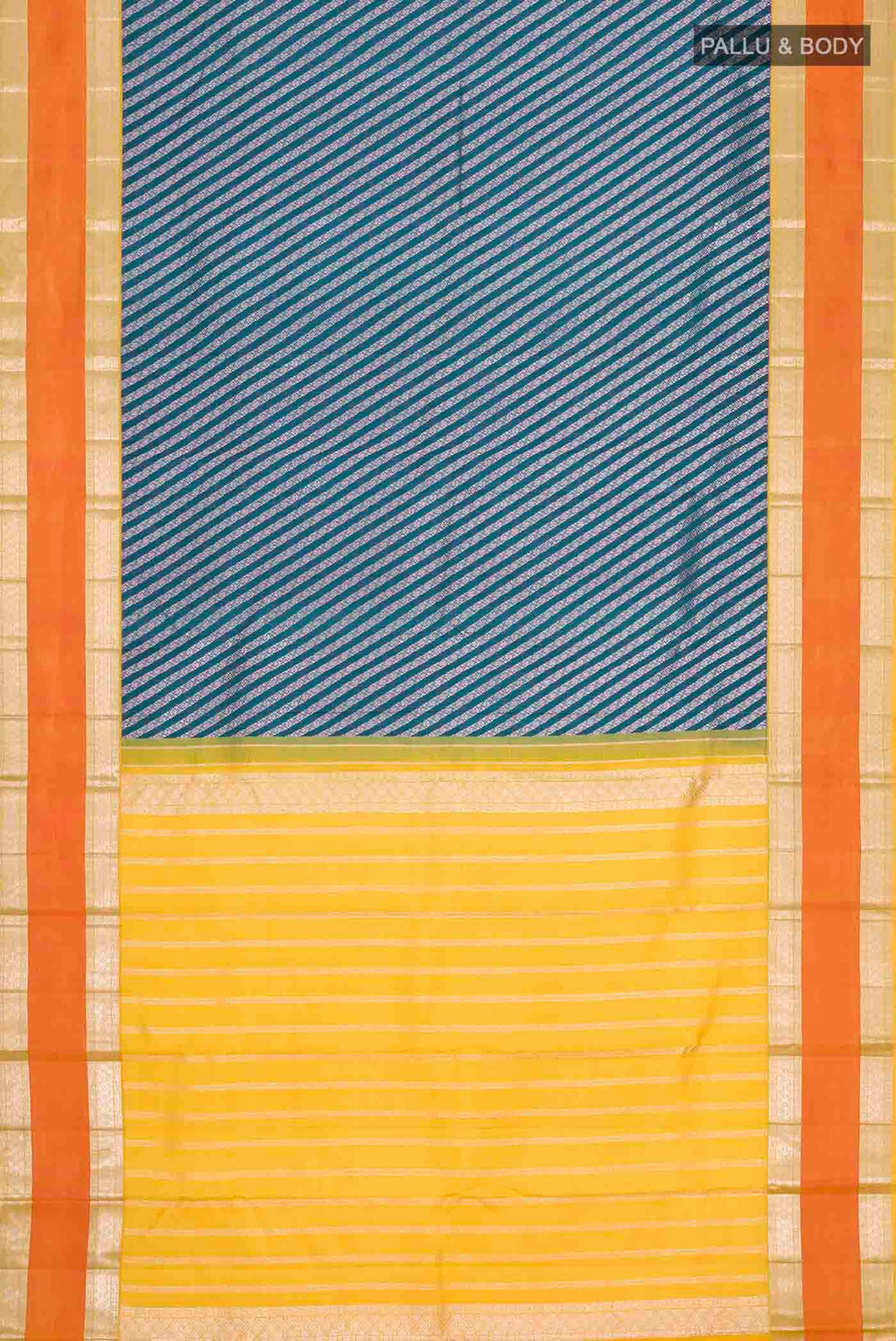 Flat view of Blue Kanchipuram Silk Saree with Zari Brocade on the body and Zari Border
