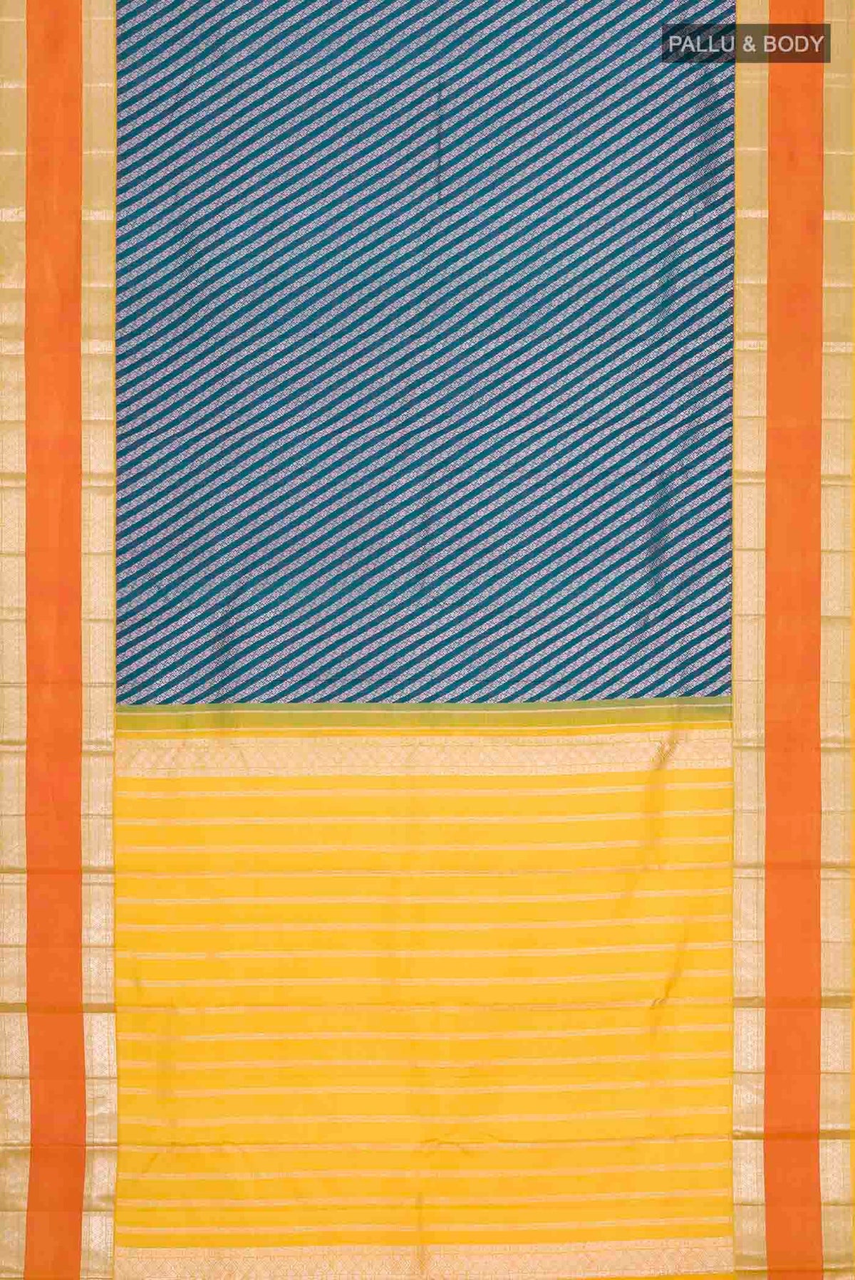 Flat view of Blue Kanchipuram Silk Saree with Zari Brocade on the body and Zari Border