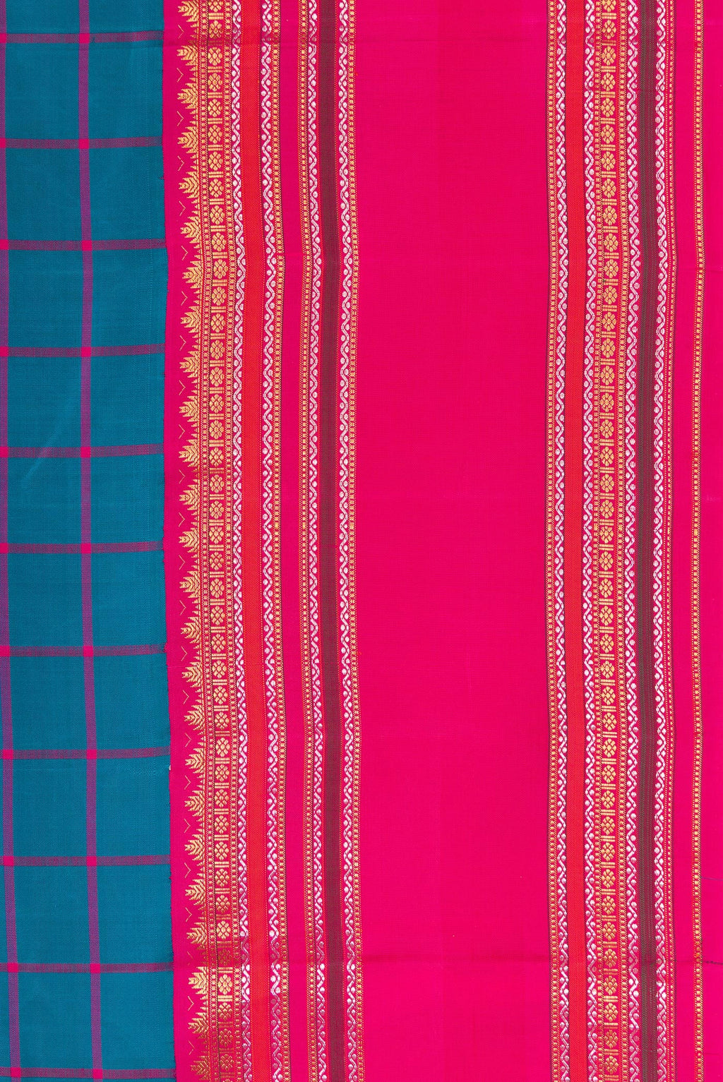 Border image of Peacock Blue Dual Tone Kanjivaram Silk Saree with Checked design on the body and Zari Border. 