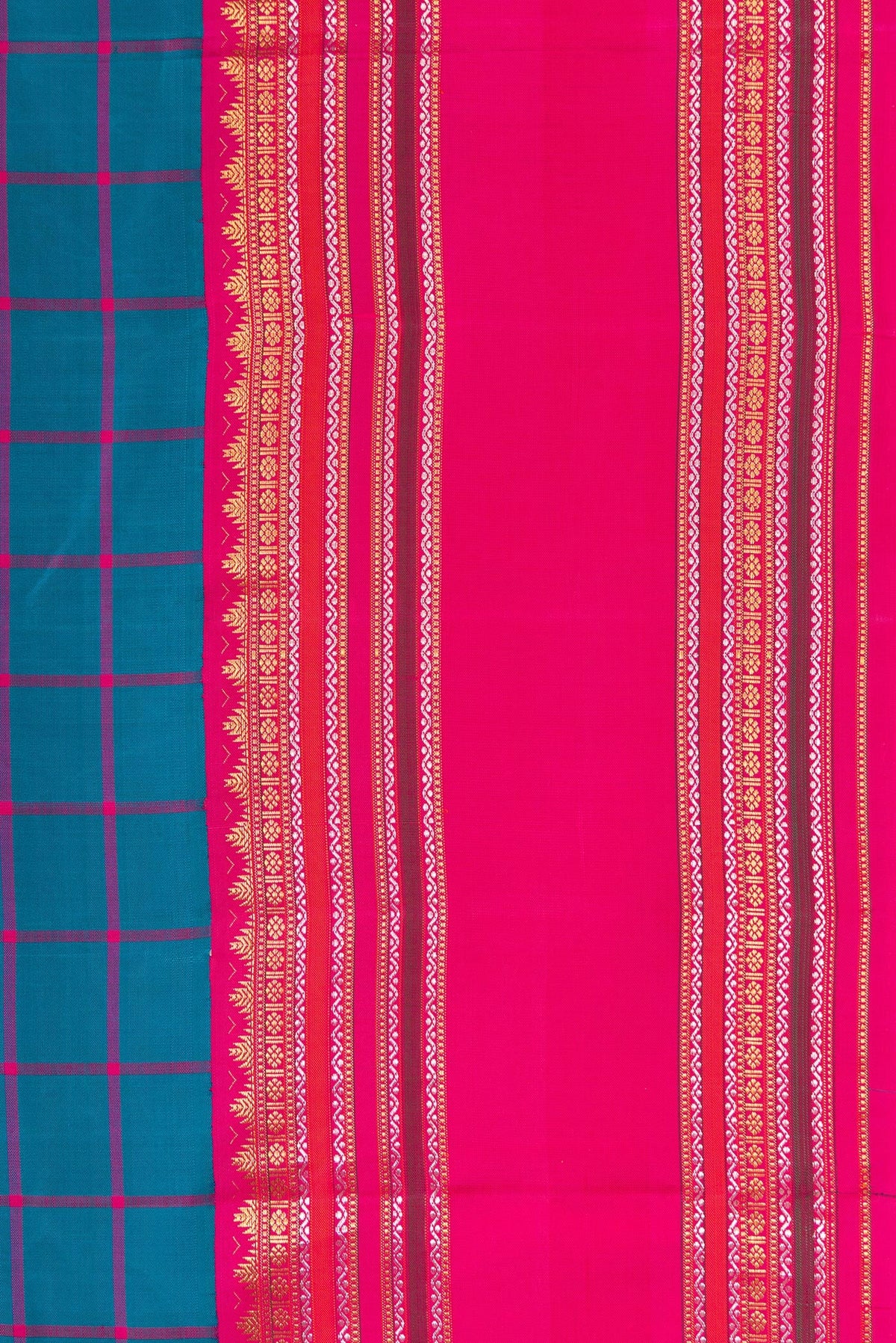 Border image of Peacock Blue Dual Tone Kanjivaram Silk Saree with Checked design on the body and Zari Border. 