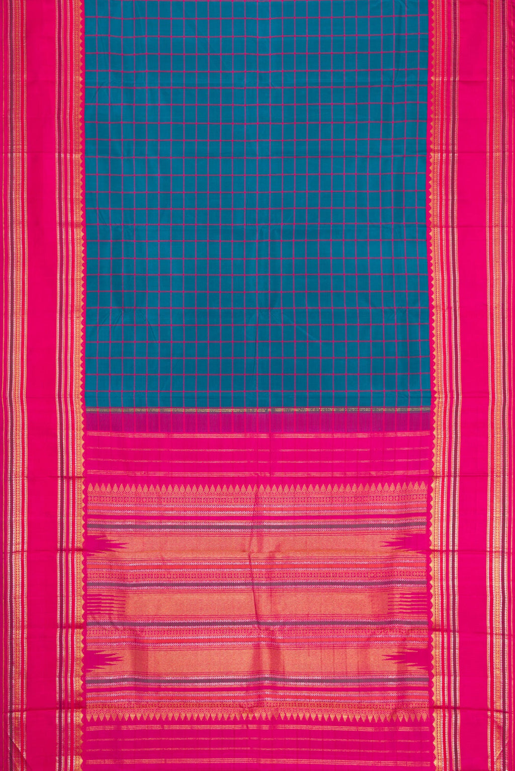 Flat view of Peacock Blue Dual Tone Kanjivaram Silk Saree with Checked design on the body and Zari Border. 