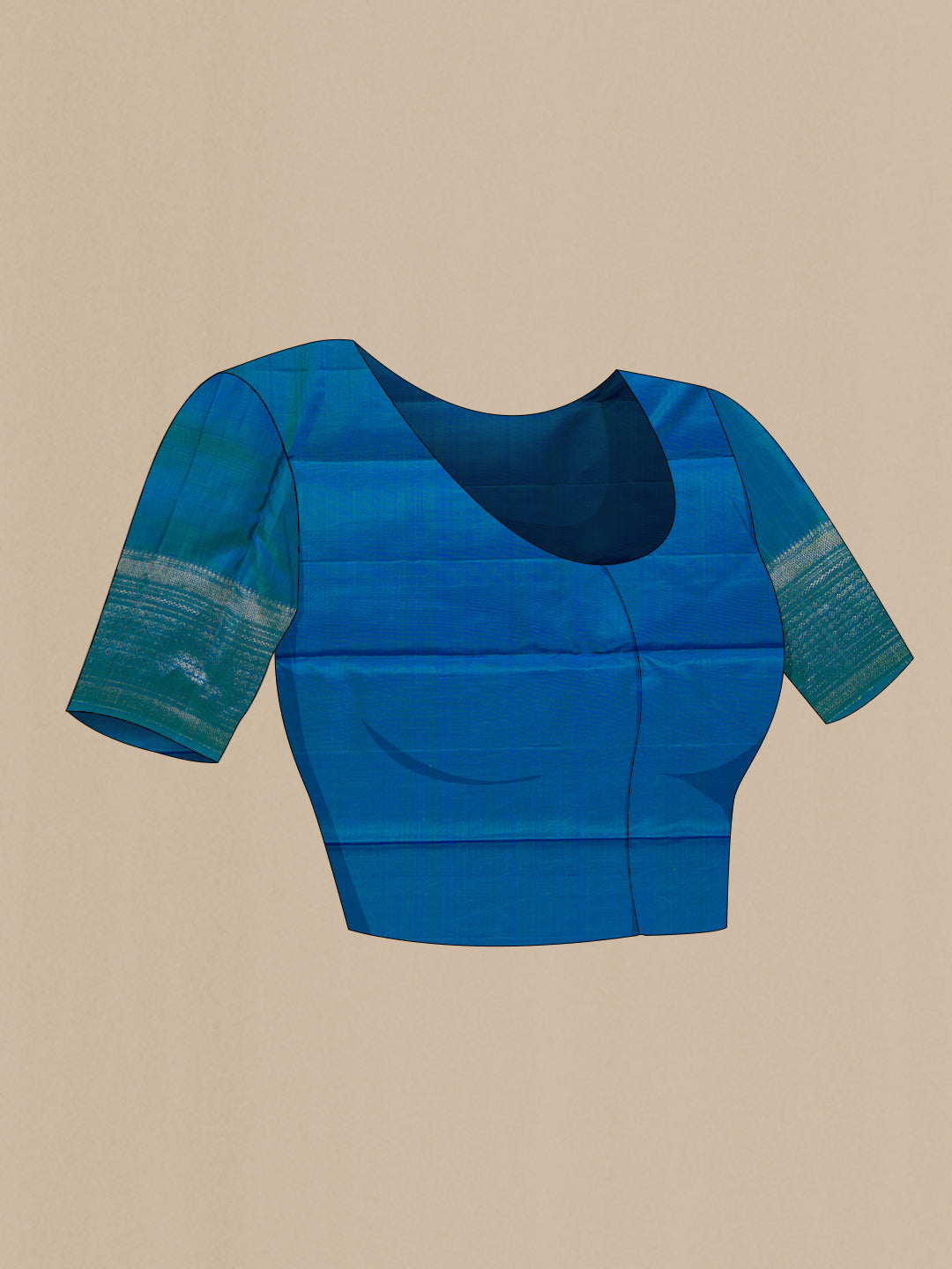 Close up image of the blouse of Peacock Blue Dual Tone Kanchipuram Silk Saree with Zari Brocade on the body and Zari Border. 