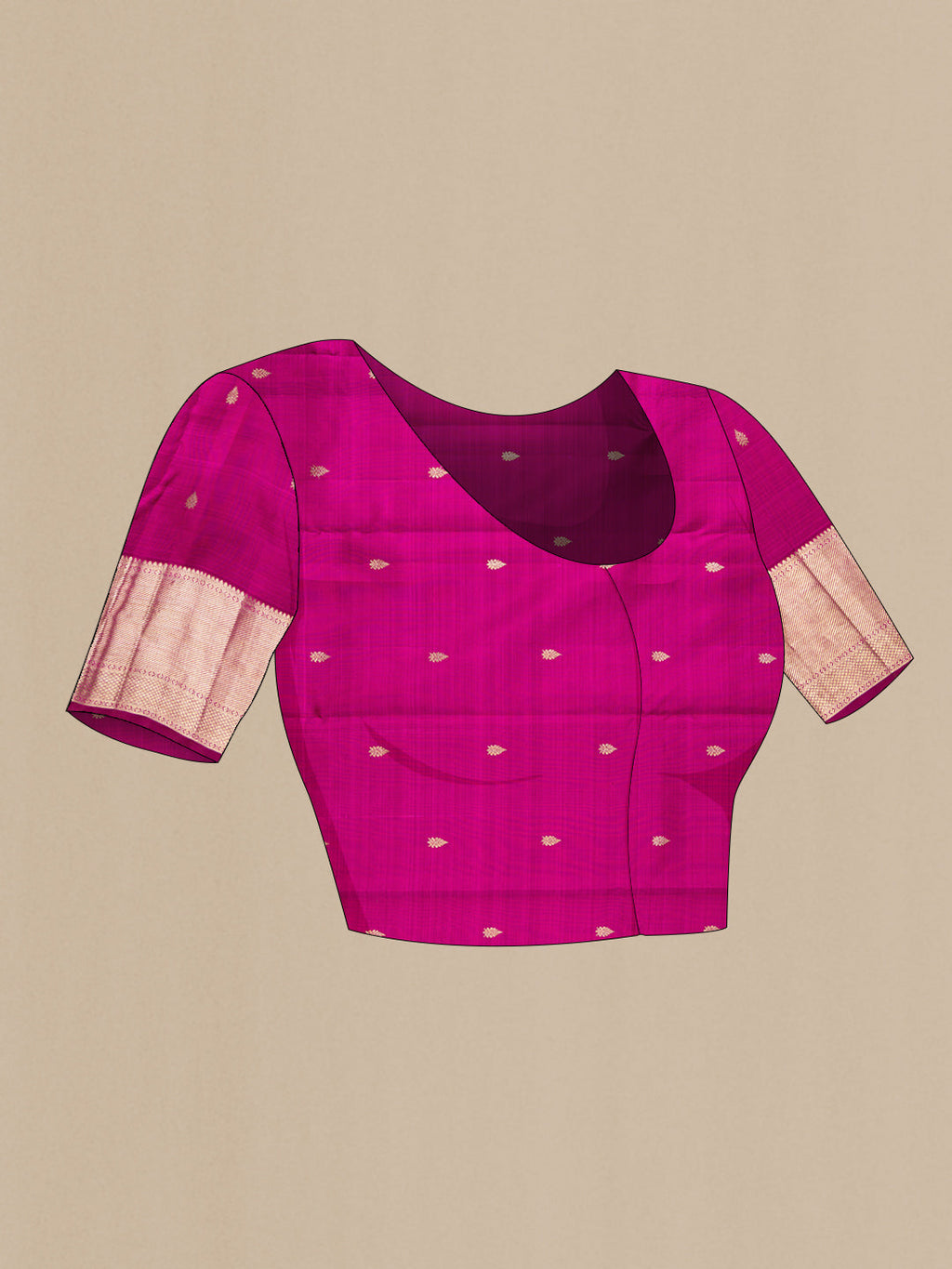 Close up image of the blouse of Magenta Dual Tone Kanchipuram Silk Saree with Zari Brocade on the body and Zari Border. 