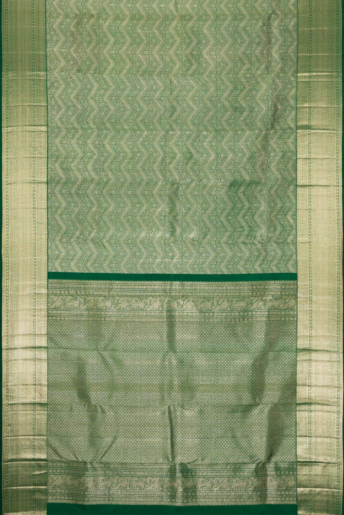 Flat view of Bottle Green Dual Tone Kanchipuram Silk Saree with Zari Brocade on the body and Zari Border. 