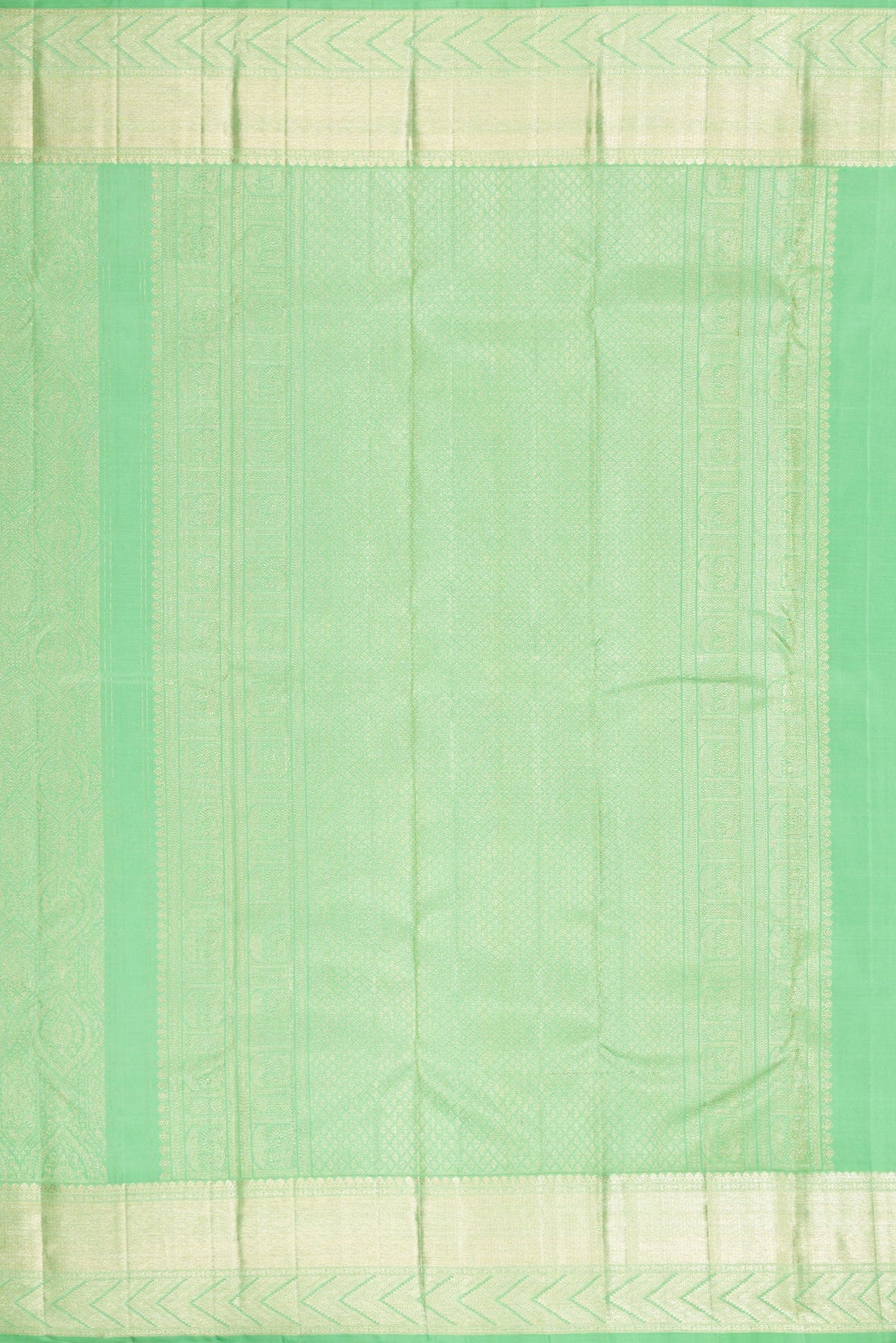 Close up image of the pallu of Light Green Dual Tone Kanchipuram Silk Saree with Zari Brocade on the body and Zari Border. 