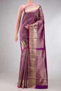 Purple Dual Tone Kanchipuram Silk Saree with Zari Brocade on the body and Zari Border.  displayed on a mannequin