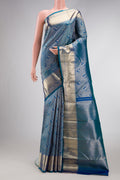 Peacock Blue Dual Tone Kanchipuram Silk Saree with Zari Brocade on the body and Zari Border.  displayed on a mannequin