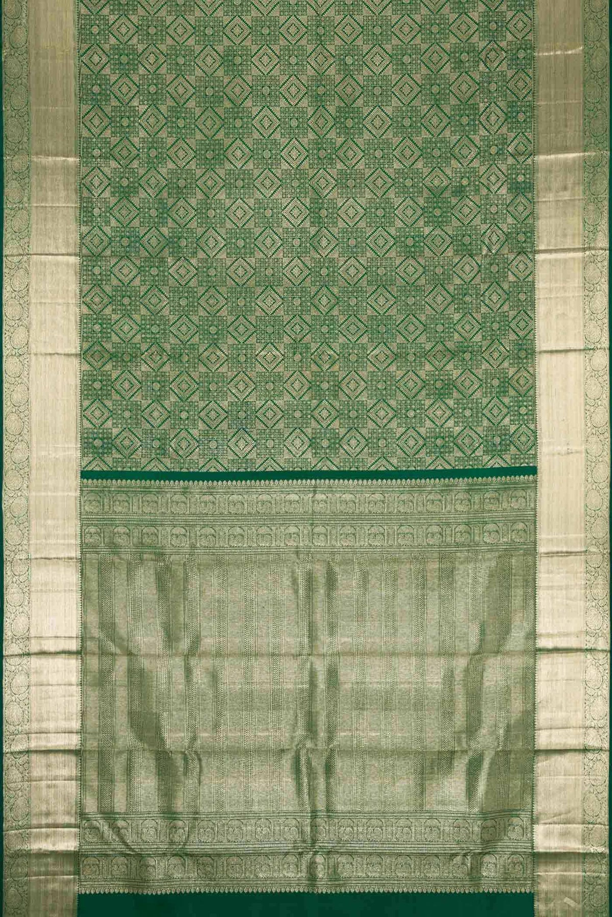 Flat view of Bottle Green Dual Tone Kanchipuram Saree with Zari Brocade on the body and Zari Border