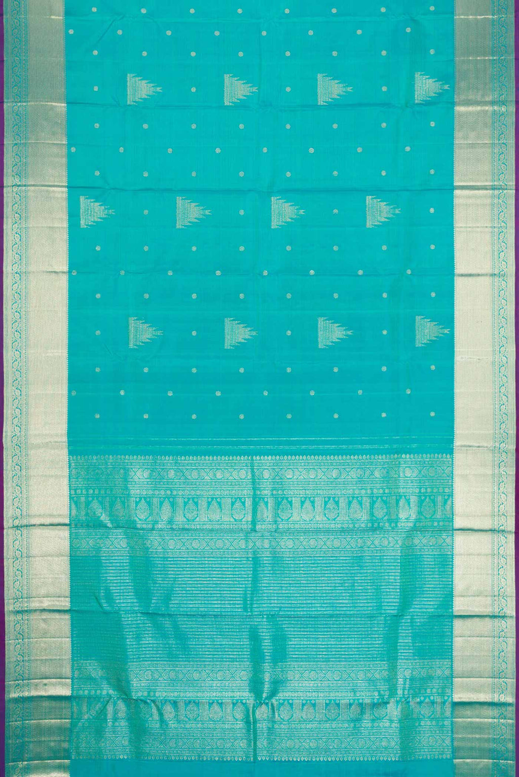 Flat view of Blue Kanchipuram Silk Saree with Zari Butta on the body and Zari Border