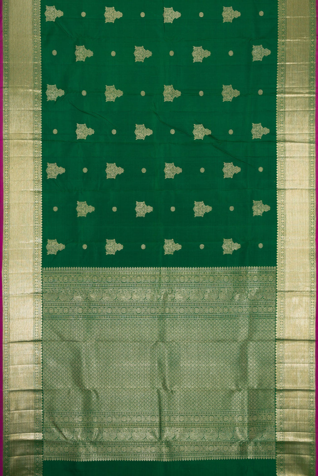 Flat view of Green Dual Tone Kanjivaram Silk Saree with Zari Butta on the body and Zari Border. 