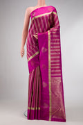Magenta Dual Tone Kanjivaram Silk Saree with Zari Brocade on the body and Fancy Border.  displayed on a mannequin