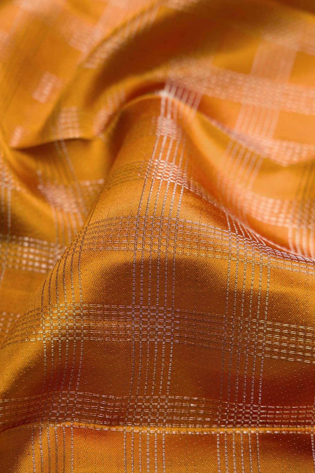 Close up of Mustard Dual Tone Kanchipuram Silk Saree with Zari Brocade on the body and Zari Border displaying folds