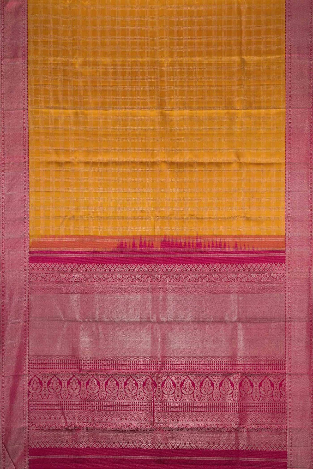Flat view of Mustard Dual Tone Kanchipuram Silk Saree with Zari Brocade on the body and Zari Border