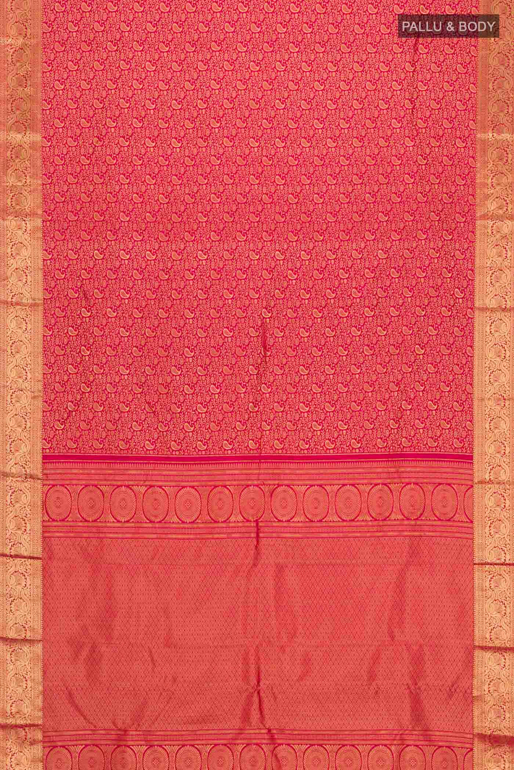 Flat view of Pink Kanchipuram Silk Saree with Zari Brocade on the body and Zari Border