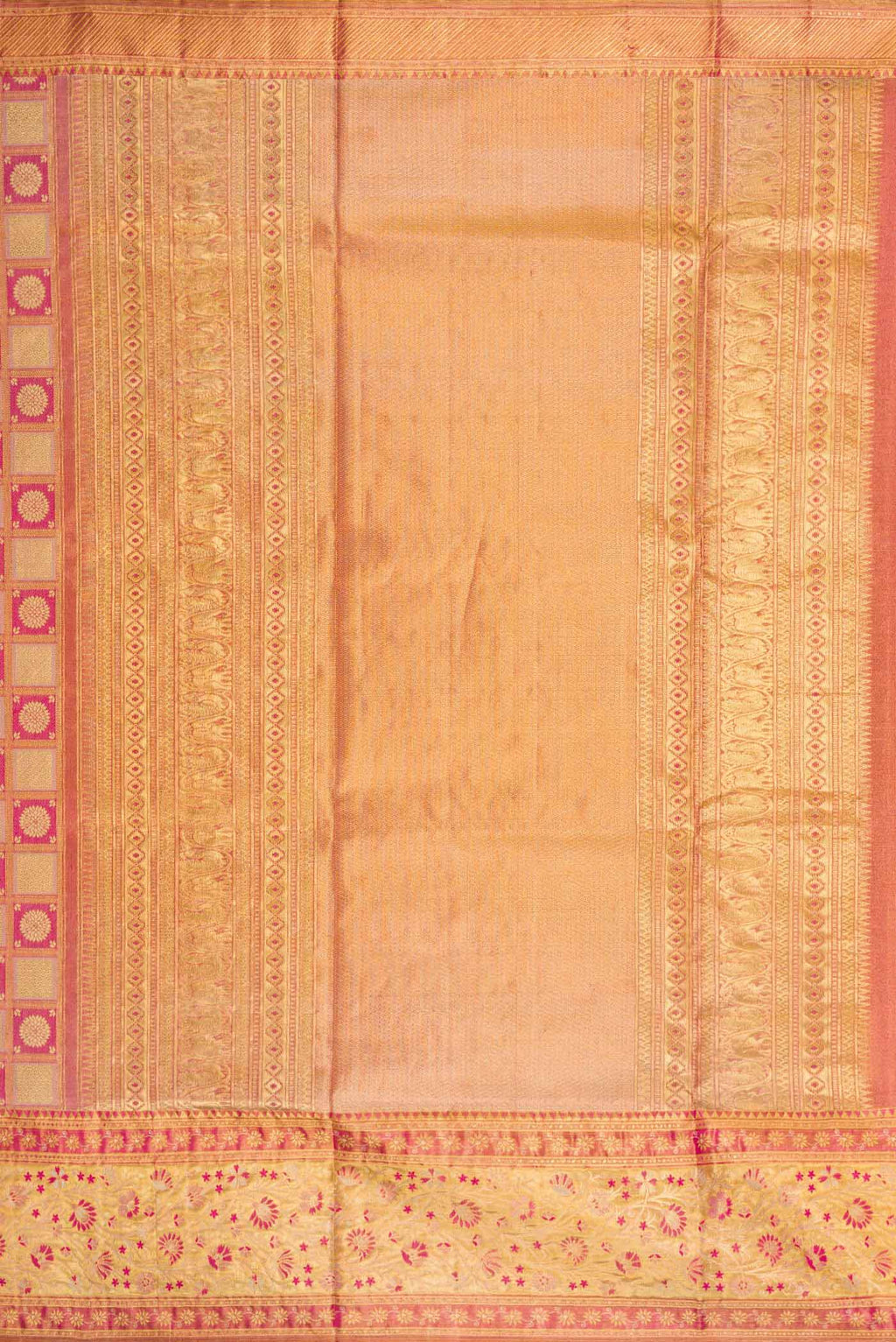 Close up image of the pallu of Pink Dual Tone Kanchipuram Tissue Silk Saree with Zari Brocade on the body and Zari Border