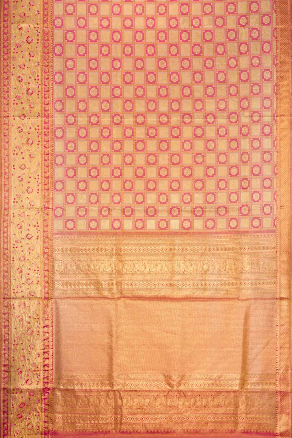 Flat view of Pink Dual Tone Kanchipuram Tissue Silk Saree with Zari Brocade on the body and Zari Border