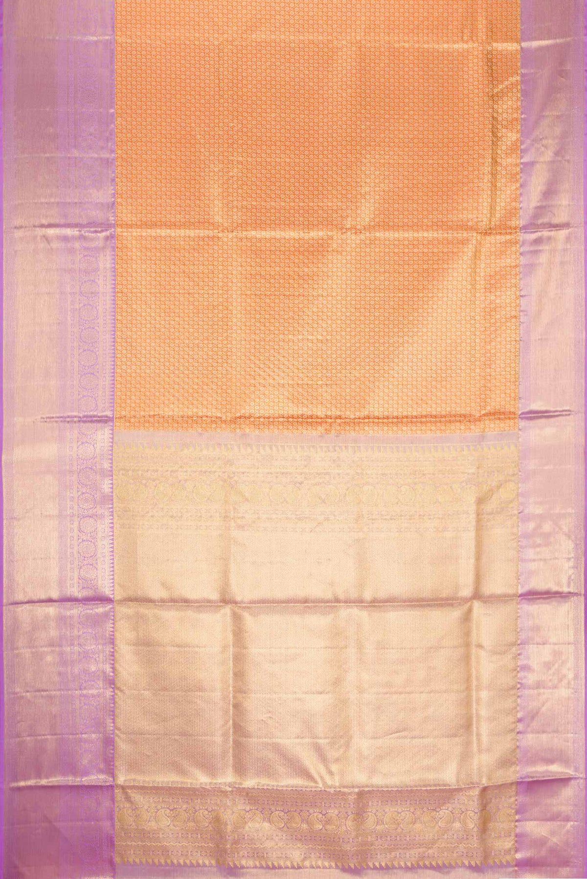 Flat view of Orange Kanchipuram Tissue Silk Saree with Zari Brocade on the body and Zari Border
