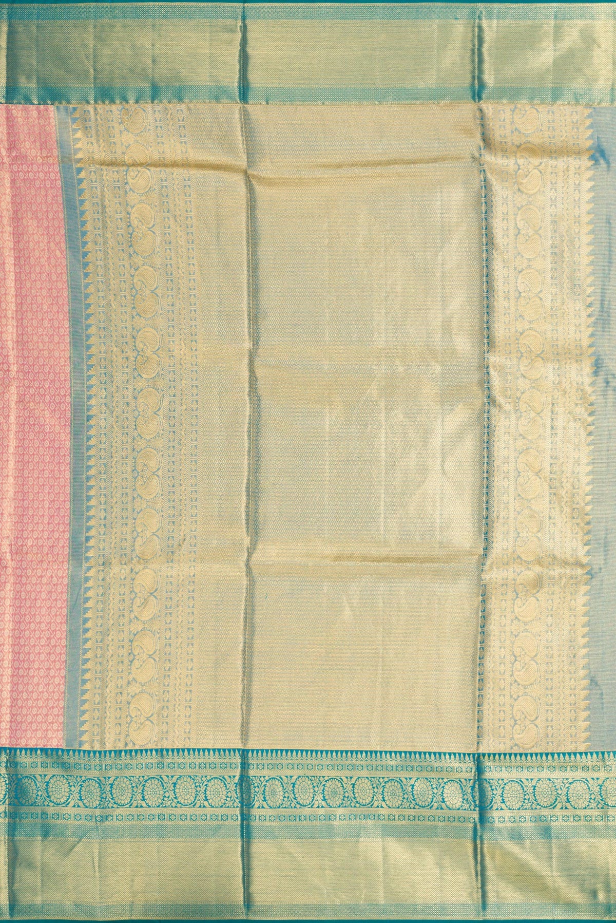 Close up image of the pallu of Pink Dual Tone Kanchipuram Tissue Silk Saree with Zari Brocade on the body and Zari Border. 