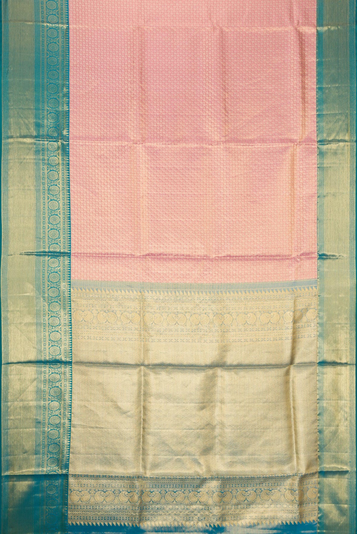Flat view of Pink Dual Tone Kanchipuram Tissue Silk Saree with Zari Brocade on the body and Zari Border. 