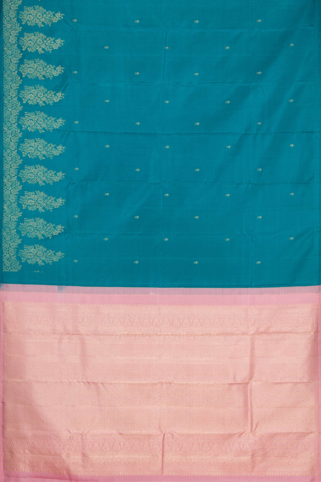 Flat view of Peacock Blue Dual Tone Kanchipuram Silk Saree with Zari Butta on the body and Zari Border