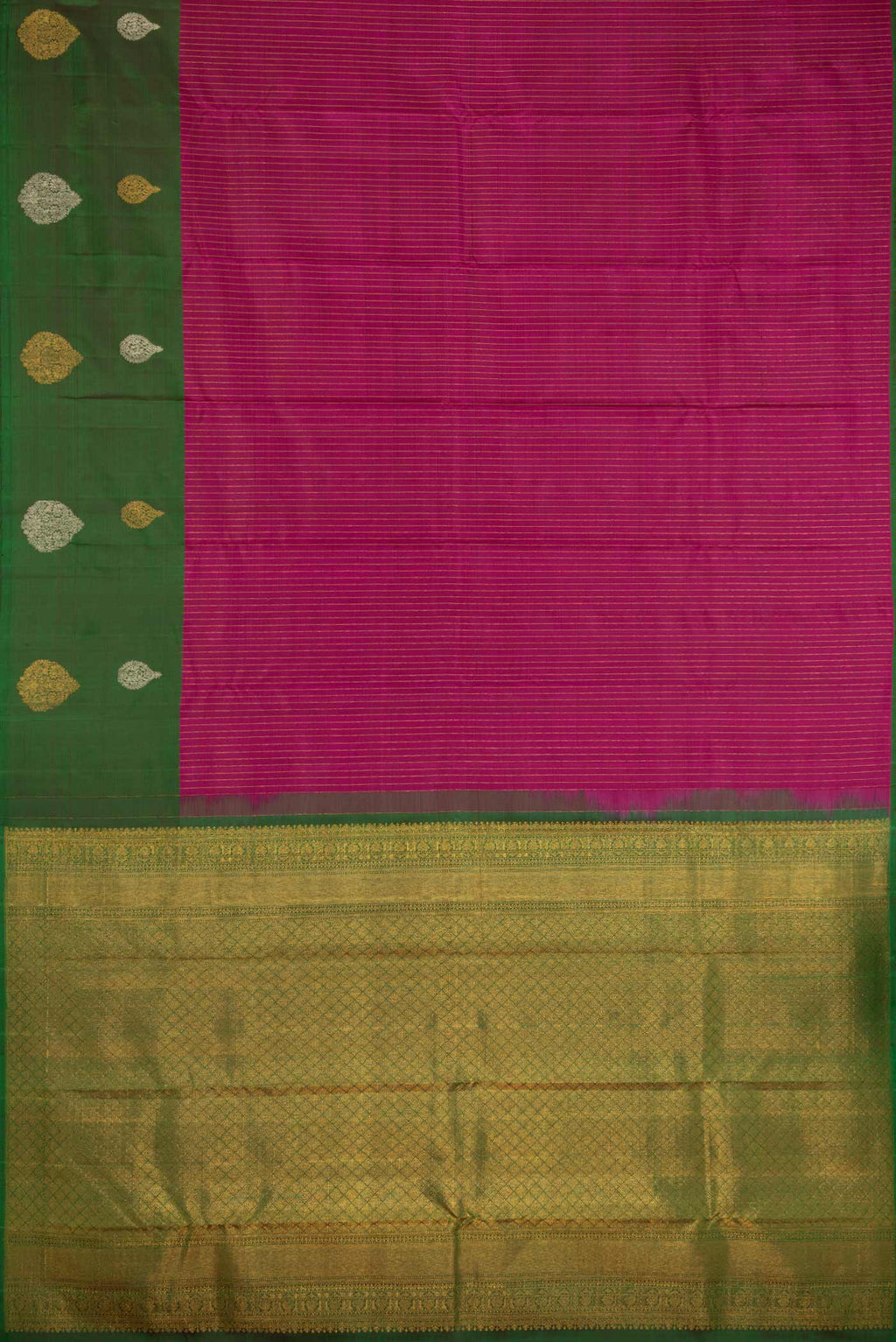 Flat view of Magenta Kanchipuram Silk Saree with Stripes on the body and One Side Border