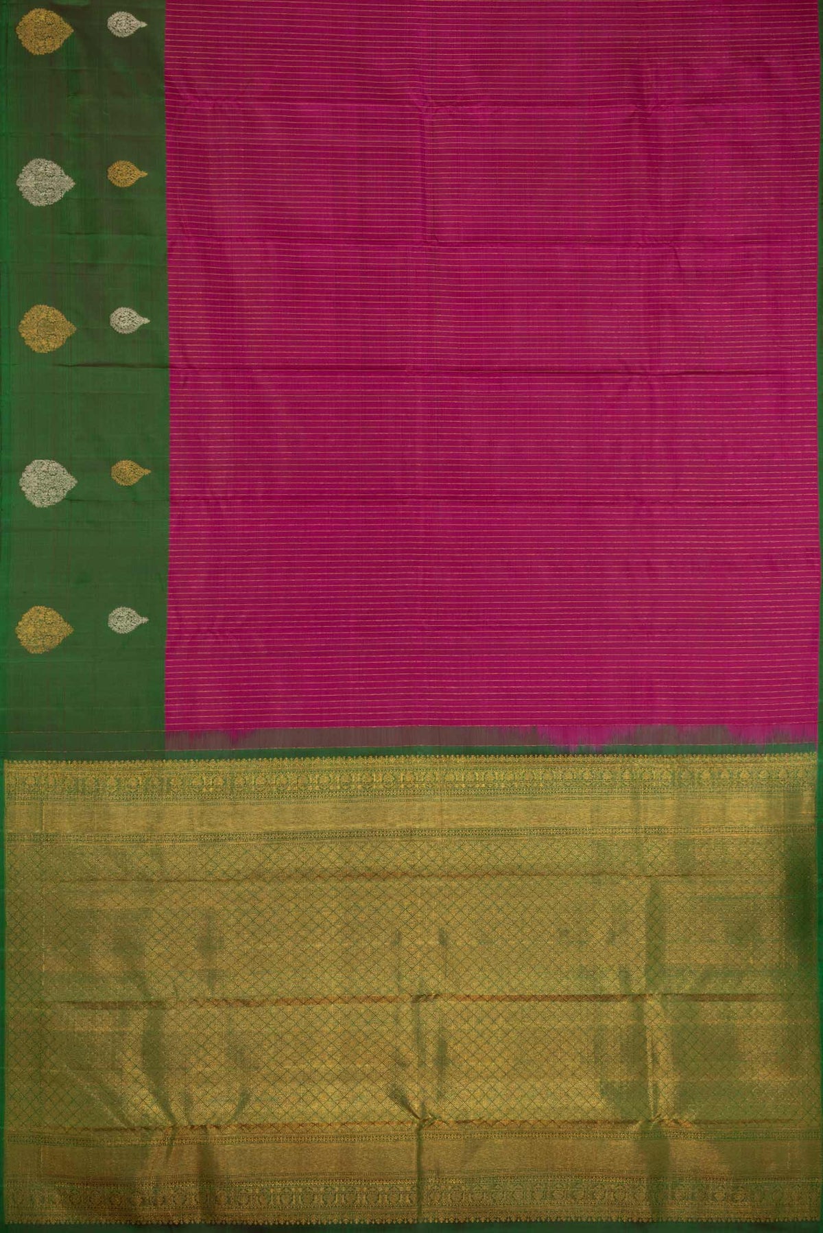 Flat view of Magenta Kanchipuram Silk Saree with Stripes on the body and One Side Border