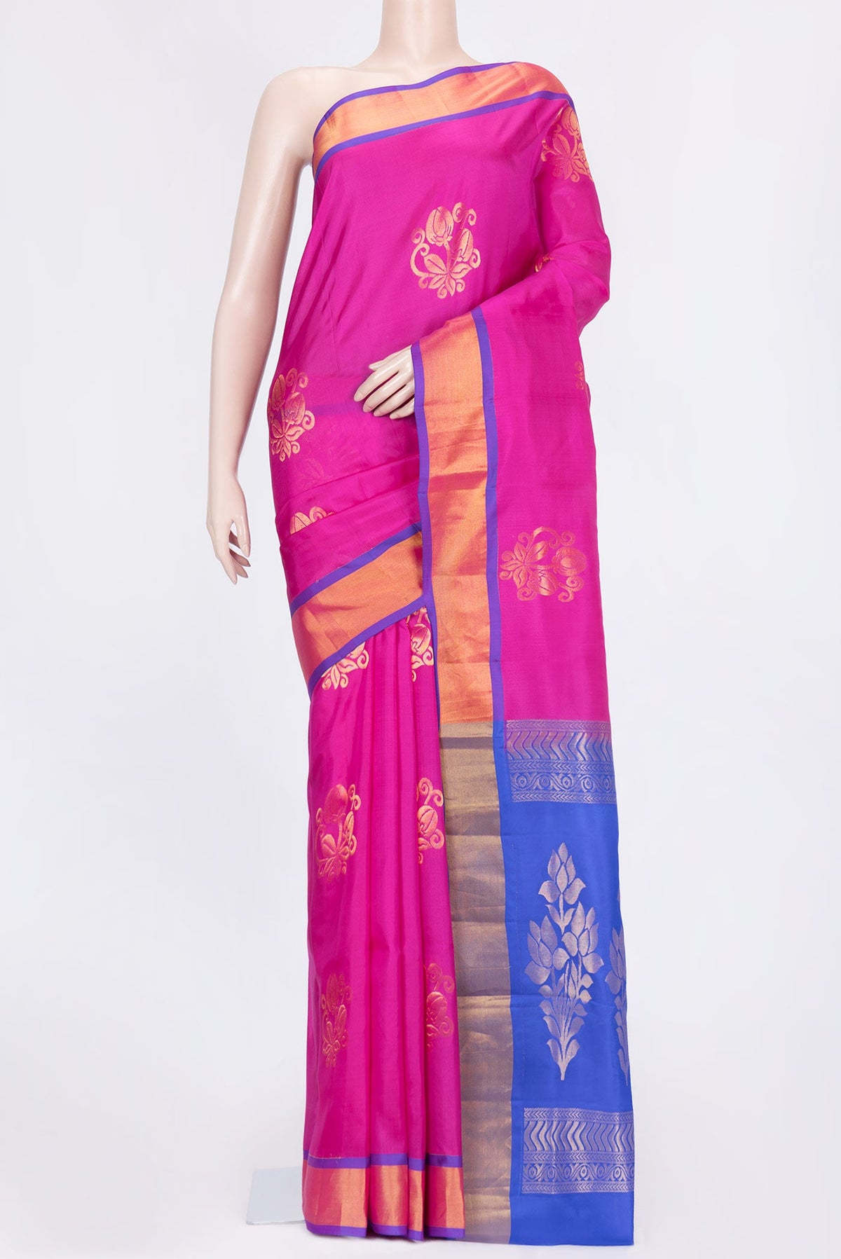 Pink Dual Tone Soft Silk Saree with Zari Butta on the body and Zari Border.  displayed on a mannequin