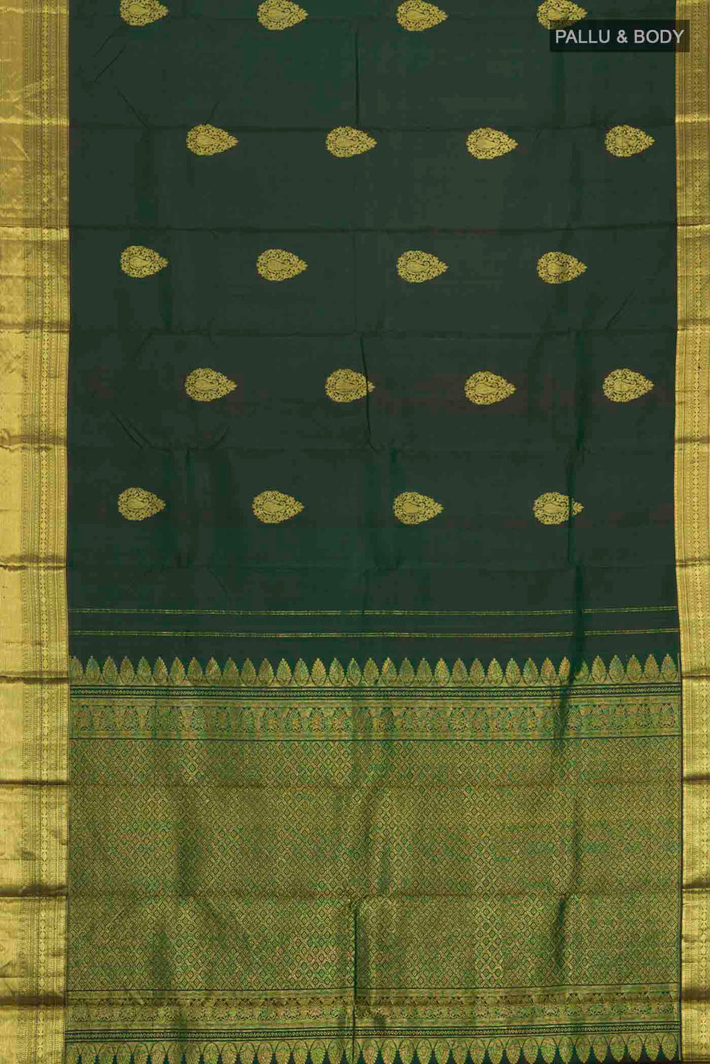 Flat view of Green Kanchipuram Silk Saree with Zari Butta on the body and Zari Border