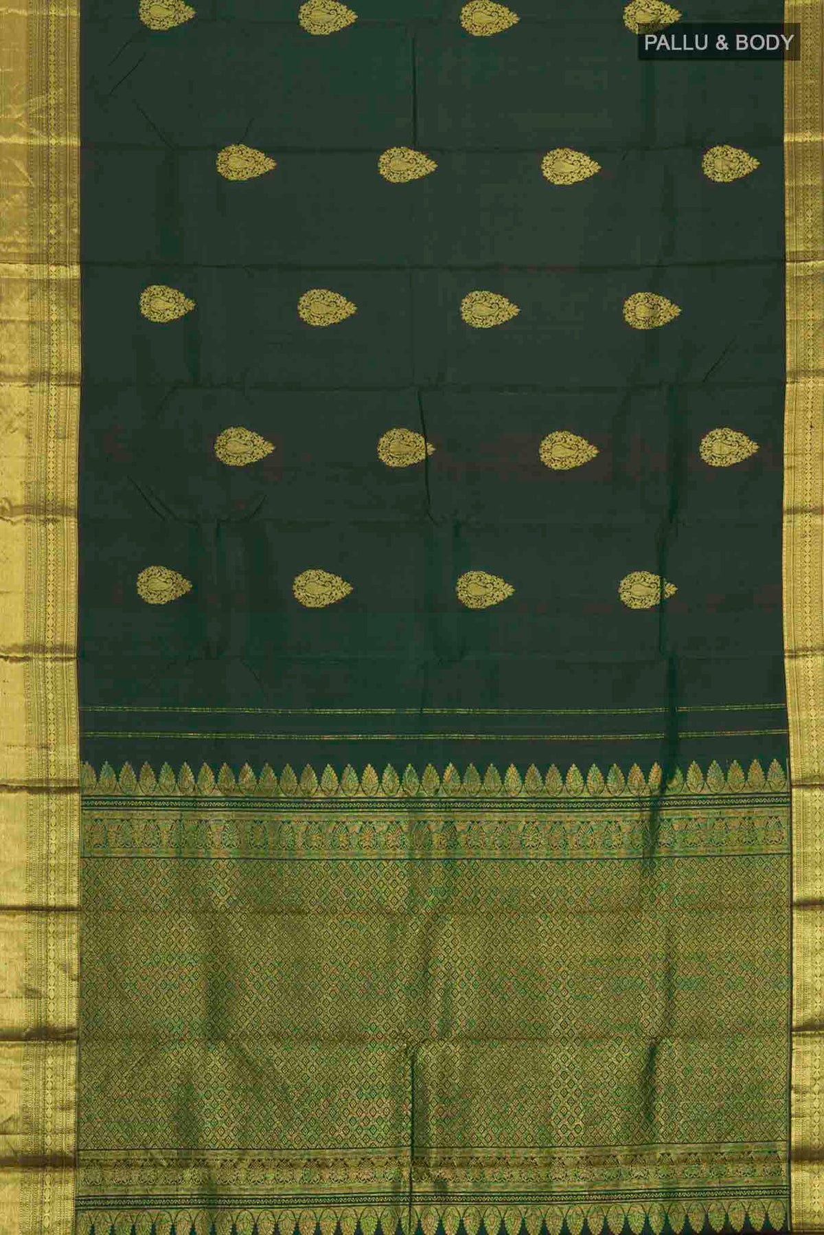 Flat view of Green Kanchipuram Silk Saree with Zari Butta on the body and Zari Border
