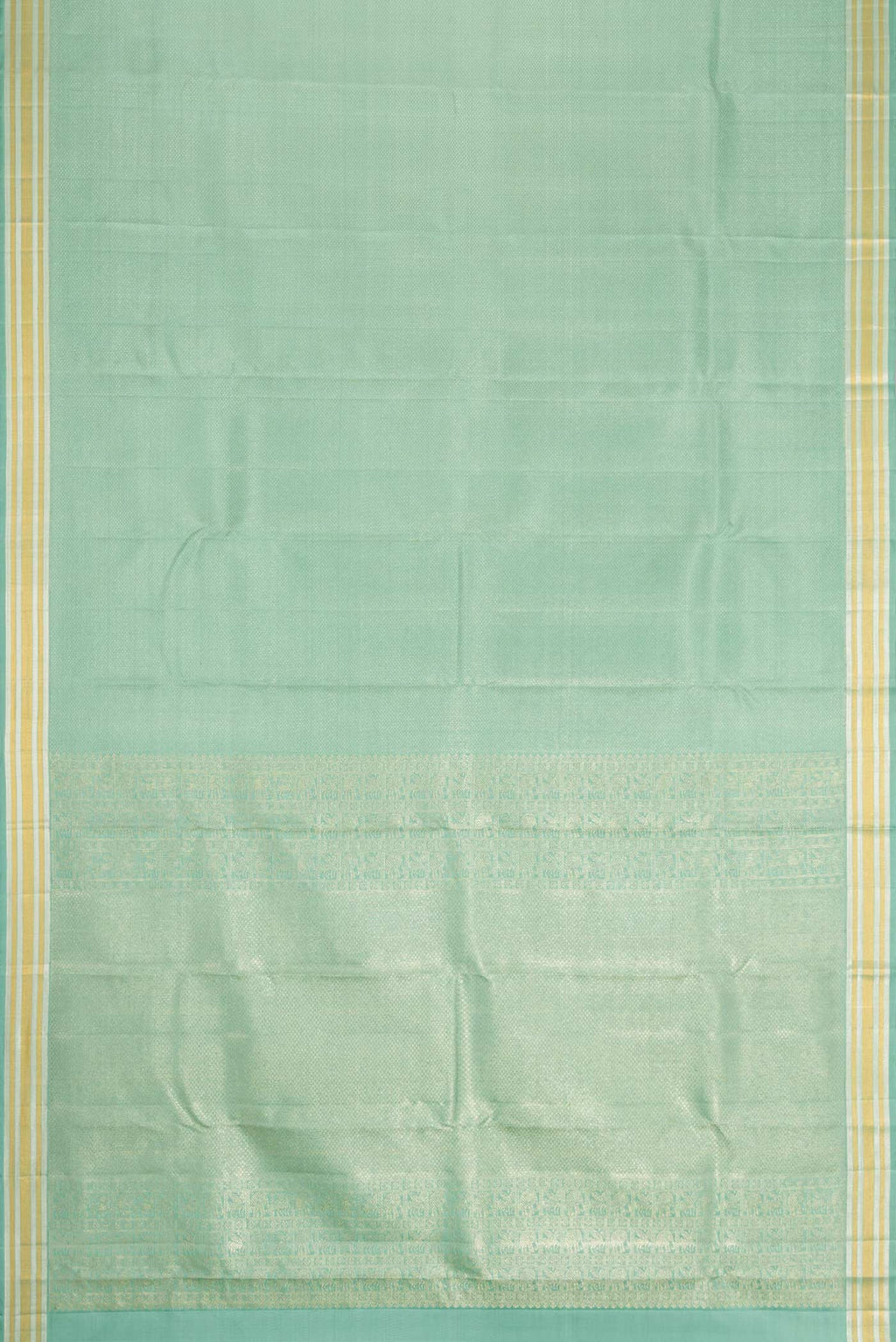 Flat view of Light Blue Kanchipuram Silk Saree with Zari Brocade on the body and Zari Border