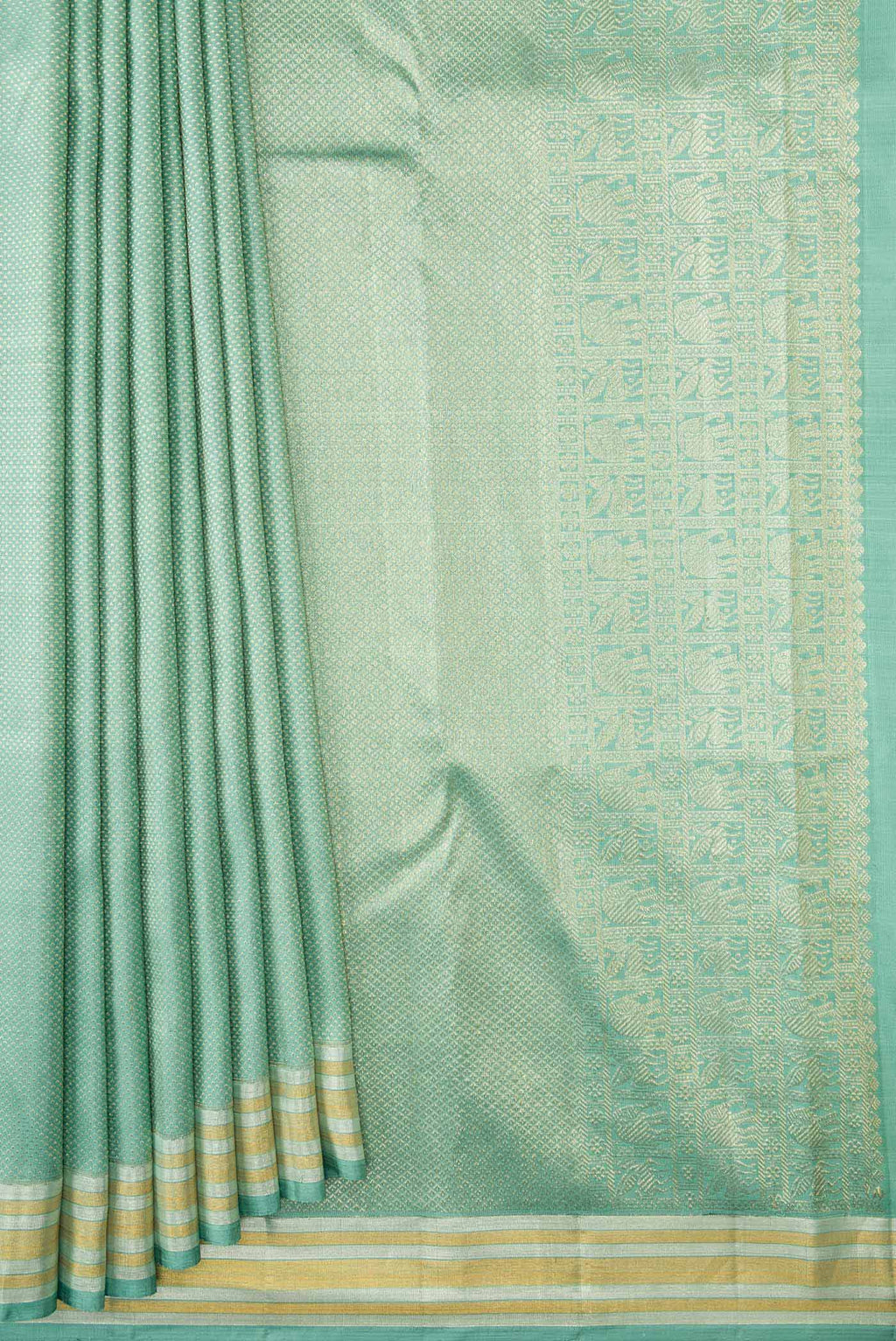 Pleats and pallu of Light Blue Kanchipuram Silk Saree with Zari Brocade on the body and Zari Border