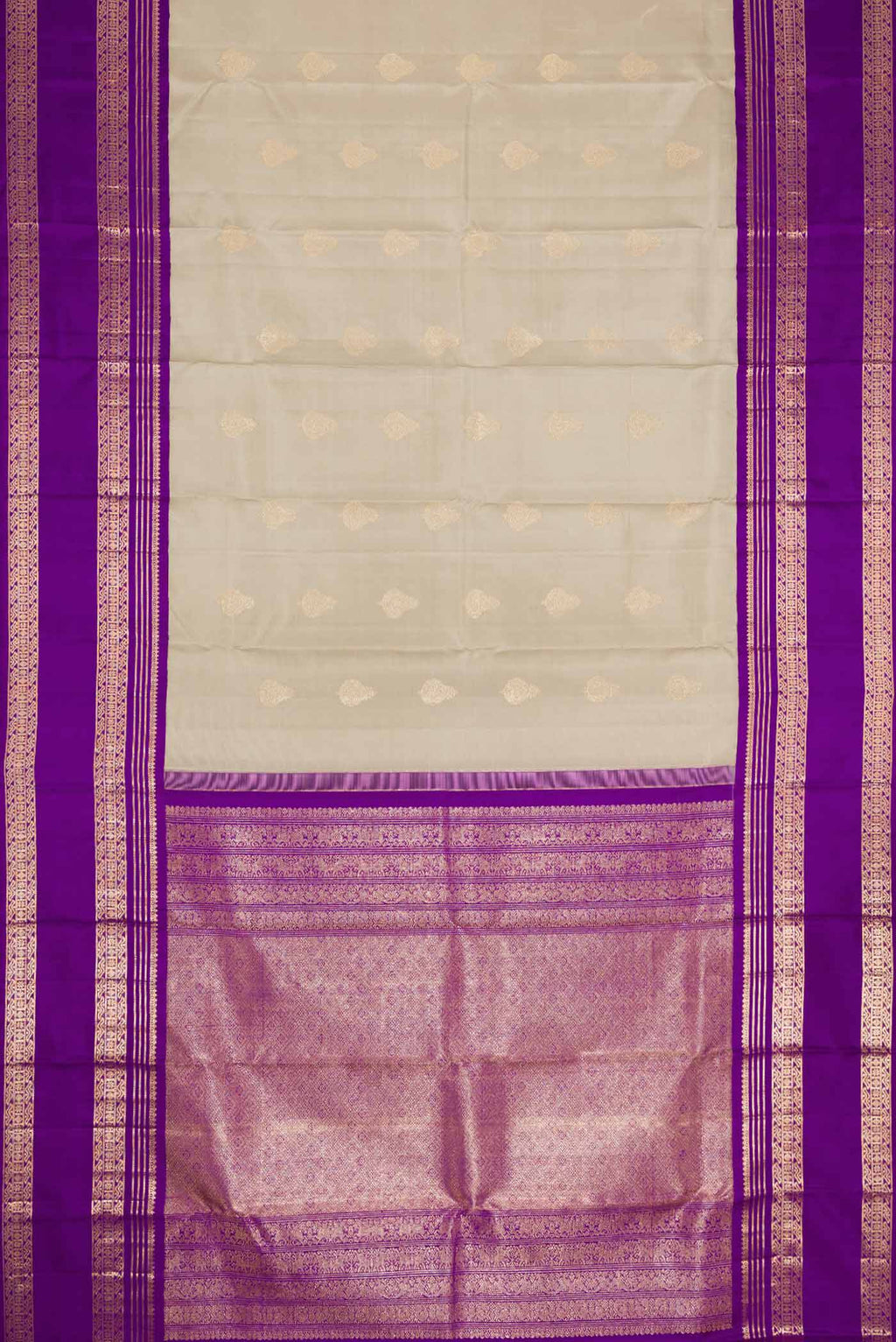 Flat view of Grey Dual Tone Kanchipuram Silk Saree with Zari Butta on the body and Zari Border