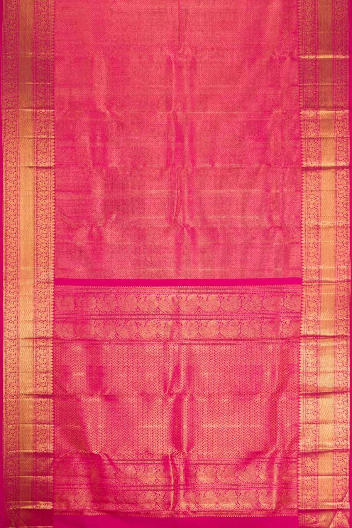 Flat view of Pink Dual Tone Kanchipuram Silk Saree with Zari Brocade on the body and Zari Border