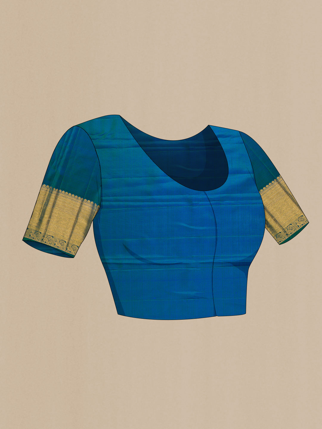 Close up image of the blouse of Peacock Blue Dual Tone Kanchipuram Silk Saree with Zari Brocade on the body and Zari Border