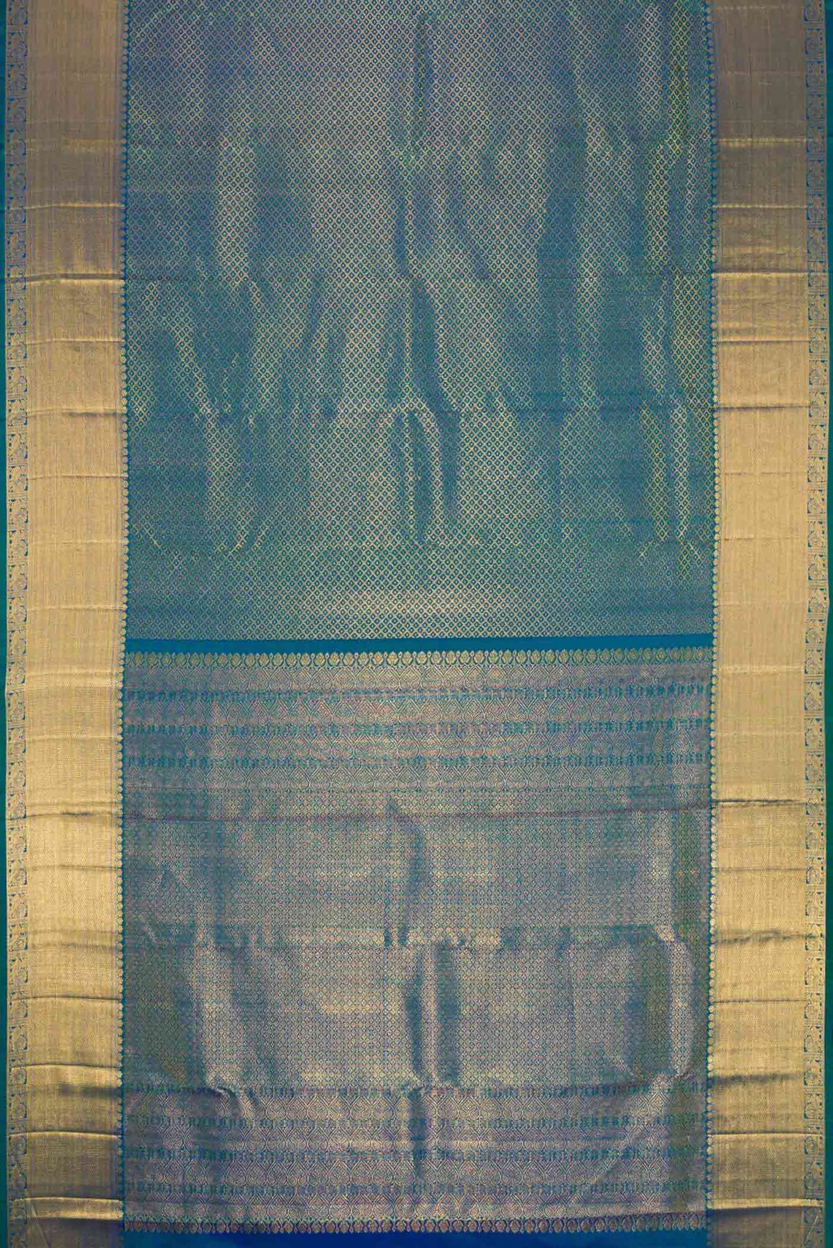 Flat view of Peacock Blue Dual Tone Kanchipuram Silk Saree with Zari Brocade on the body and Zari Border