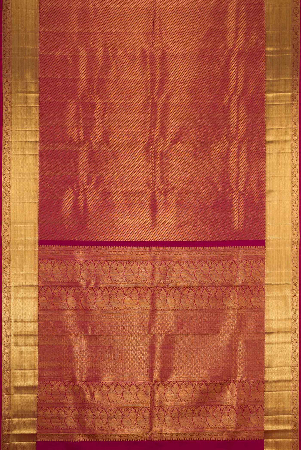 Flat view of Maroon Dual Tone Kanchipuram Saree with Zari Brocade on the body and Zari Border
