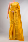 Mustard Dual Tone Kanchipuram Silk Saree with Zari Brocade on the body and Zari Border displayed on a mannequin