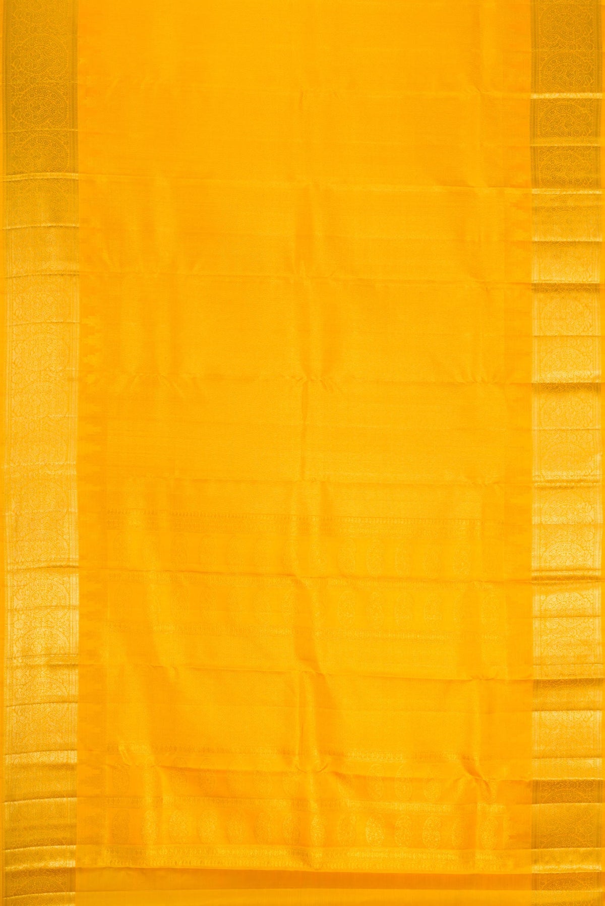 Flat view of Mustard Dual Tone Kanchipuram Silk Saree with Zari Brocade on the body and Zari Border