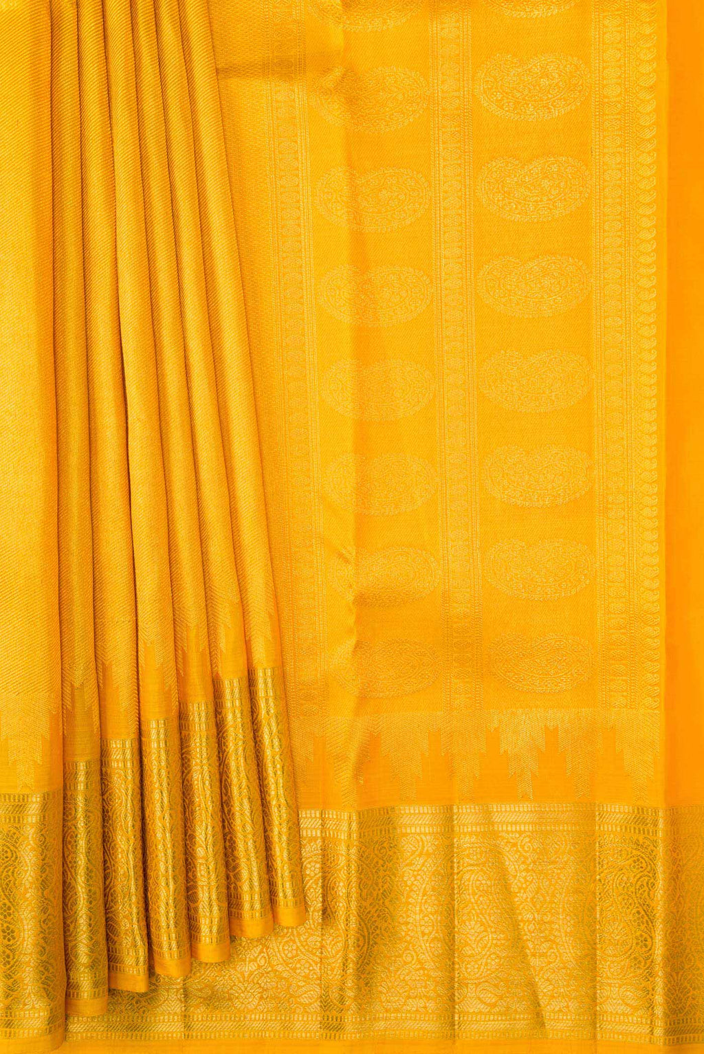 Pleats and pallu of Mustard Dual Tone Kanchipuram Silk Saree with Zari Brocade on the body and Zari Border