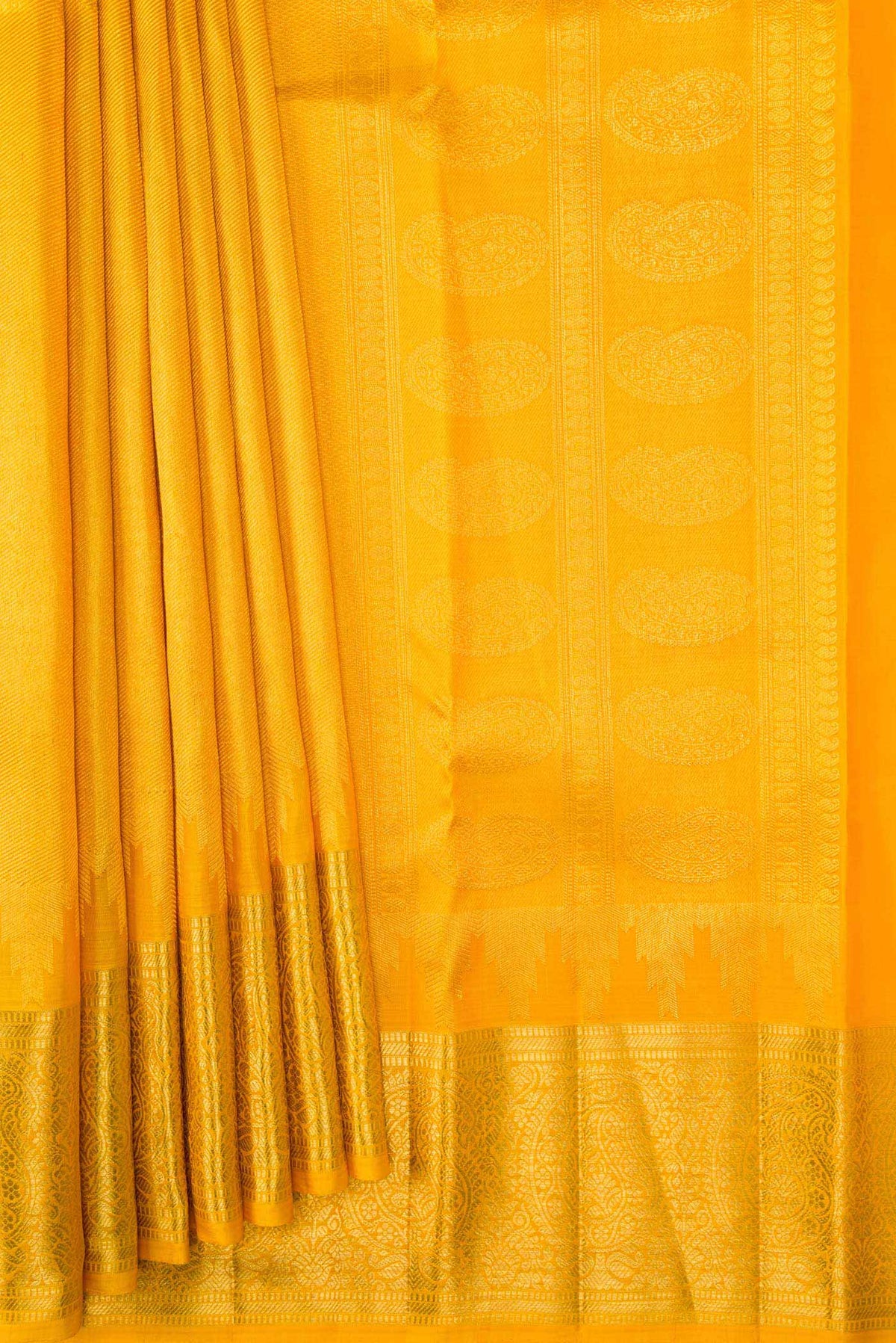 Pleats and pallu of Mustard Dual Tone Kanchipuram Silk Saree with Zari Brocade on the body and Zari Border