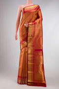 Maroon Dual Tone Kanchipuram Silk Saree with Zari Brocade on the body and Zari Border displayed on a mannequin