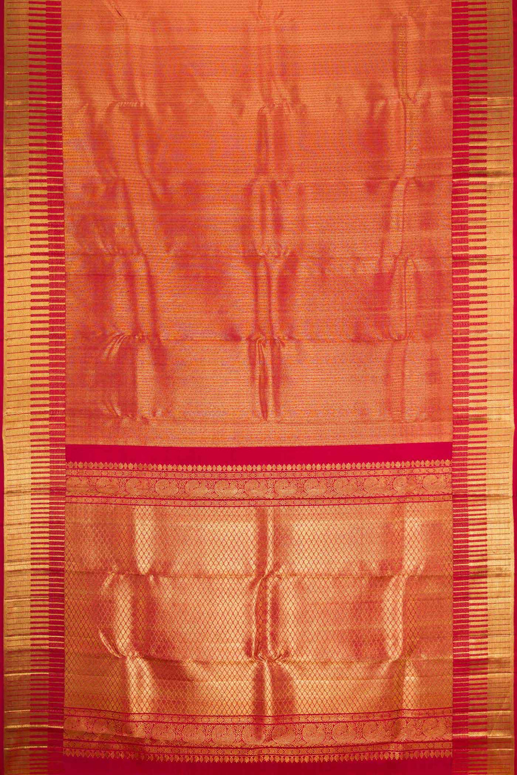 Flat view of Maroon Dual Tone Kanchipuram Silk Saree with Zari Brocade on the body and Zari Border