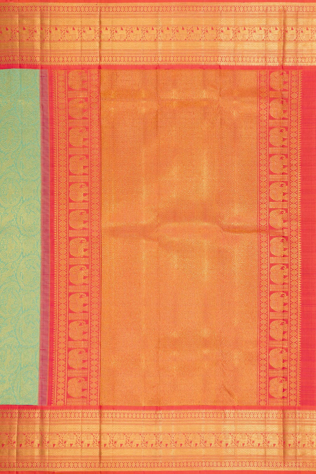 Close up image of the pallu of Pista Green Dual Tone Kanchipuram Silk Saree with Zari Brocade on the body and Zari Border. 